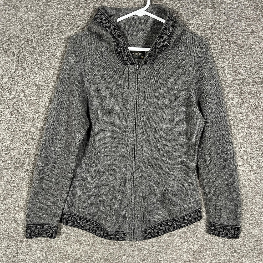 La Vicunita Sweater Womens Small Gray Baby Alpaca Hooded Full‎ Zip Knit Peru